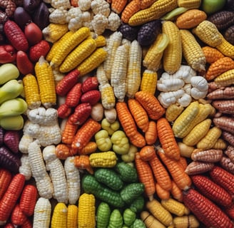 A close-up view of a colorful assortment of various grains and seeds, including lentils, beans, and rice. The image showcases a vibrant mix of orange, yellow, and dark brown colors, emphasizing the texture and variety of the ingredients.