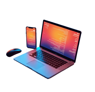 a laptop computer with a phone and a mouse