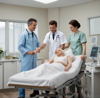 A group of nurses wearing traditional uniforms are gathered around a hospital bed in a clinical setting. One nurse appears to be changing linens or adjusting the bedding of a patient. A basin is placed on the floor, and there is a small table with medical tools and supplies nearby. The setting suggests a hospital or medical training environment from a previous era.