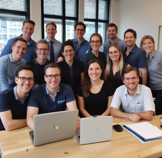 a group of people sitting around a table with laptops
