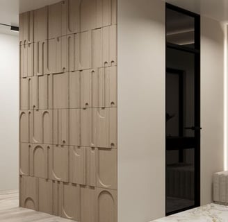 a modern office with a marbled wall and a marbled floor