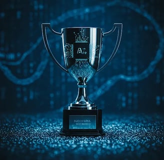 A winner's trophy on a blue background, symbolizing having a winning real estate SEO strategy