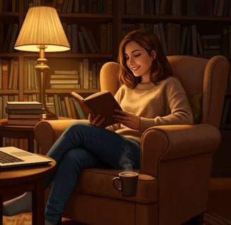 A woman sits in a chair, engrossed in a book, highlighting the significance of reading as a way to improve your writing skill