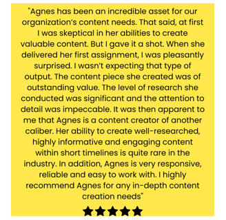 Agnes Gaddis content writer testimonial