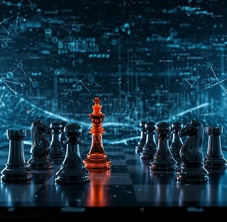Chess pieces on a board featuring a prominent red king, symbolizing AI's impact on SEO strategies