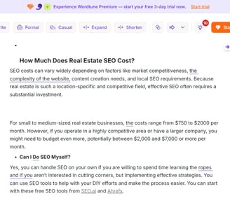Screenshot of a real estate SEO costs webpage being edited in Wordtune