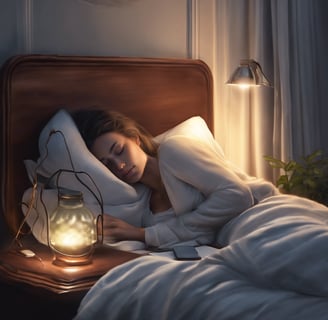 a woman is sleeping in a bed with a lantern