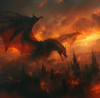 Dragon flying over burning citiscape