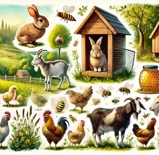 a variety of farm animals like rabbits, quail, goats, chickens, and bees in a peaceful homestead setting
