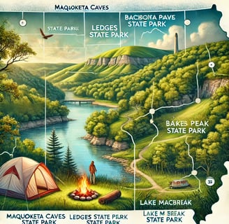 Iowa camping map with scenic tent, lake, and hiking trail.