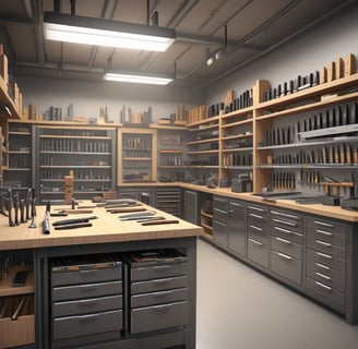 Knife-making supplies, including blades, handles, and tools, displayed in a professional workshop setting
