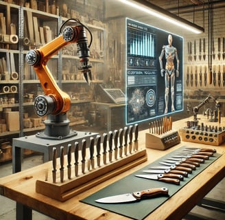 Custom knife workshop with AI technology and traditional tools on a modern workbench.