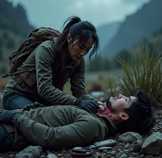 Asian woman healing white male on battlefield