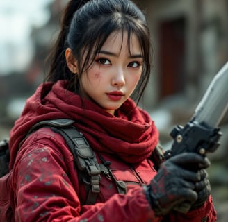 asian woman holding combat knife wearing a red coat