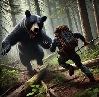 A hyperrealistic depiction of a black bear lunging in attack, claws and teeth visible, while a hiker in survival gear fights 