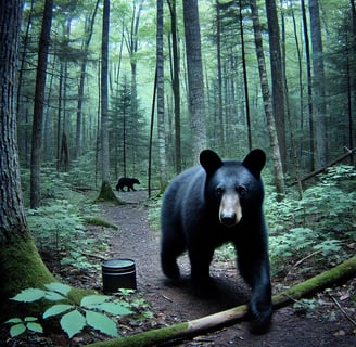 A hyperrealistic trail camera image of a black bear cautiously walking along a forest trail, surrounded by dense trees.