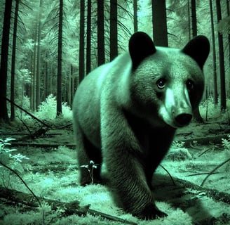 A black bear with rounded ears and a slender face, captured in night vision 