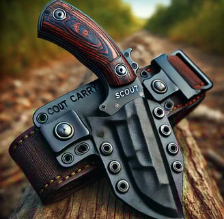 Scout carry knife in horizontal Kydex sheath on leather belt.