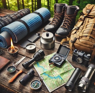 Essential camping gear flat lay, including a backpack, sleeping bag, portable stove, map, compass, and flashlight.