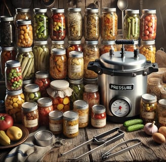 Assorted canning jars, pressure canner, and food supplies arranged for emergency preparedness