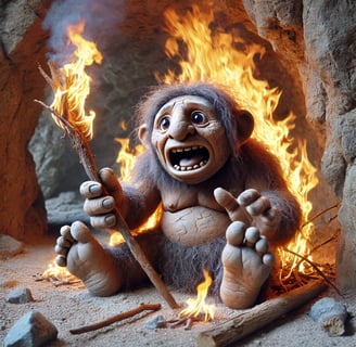 Cave troll accidentally on fire, looking shocked.