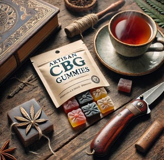 Artisan CBG gummies with tea, a handcrafted journal, and a meditation knife on a rustic table.