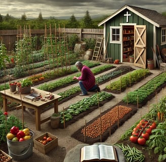 A Christian prepper tending to a backyard garden filled with vegetables, with a Bible nearby, reflecting self-sufficiency