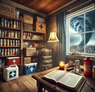 A Christian prepper's home, stocked with emergency supplies, a Bible on the table, and dark clouds outside symbolizing impend
