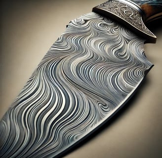 Close-up of a Damascus steel blade with intricate wavy patterns.