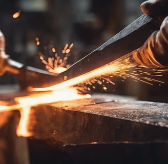 Hands hammering hot steel on an anvil to create a handcrafted blade