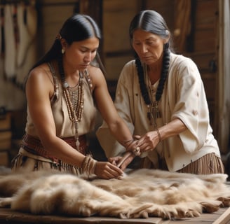 American Indian women drying hides on a wooden frame