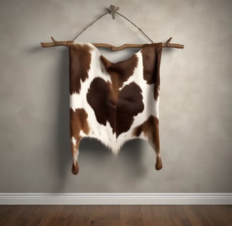 Brown and White Cow Hide hanging on a wooden frame