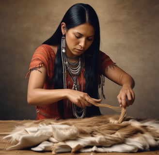 AMerican Indian Woman removing the hair from an animal pelt