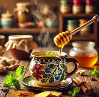a cup of hot tea with a honey spoon and mint