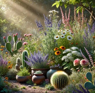 Native American-inspired medicinal garden with diverse healing plants and soft sunlight.