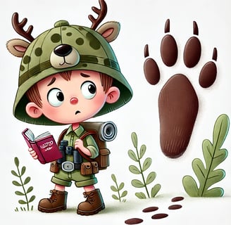 Child in oversized hunting gear staring at a giant animal footprint.