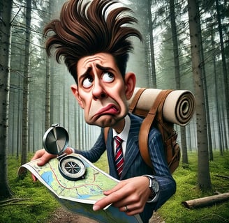 Caricature of a businessman lost in the forest, holding an upside-down map with an exaggerated hairstyle and a confused look.