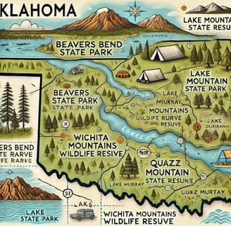 Illustrated map of Oklahoma featuring popular camping locations like Beavers Bend, Wichita Mountains, and Lake Murray State P