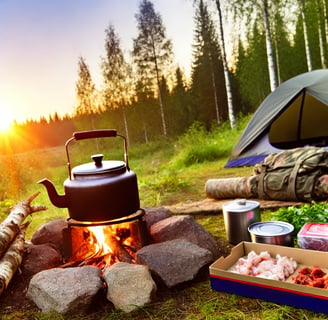 Wilderness campsite at sunrise with a campfire and cooking pot, ready for outdoor cooking and adventure