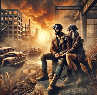 A hyper-realistic scene of a post-apocalyptic couple sitting on the ruins of a crumbled wall in a devastated environment