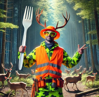 Eccentric hunter in neon gear with a spork in a sunlit, empty forest.