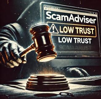 Gavel slamming on screen with Scamadviser 'low trust' warning.