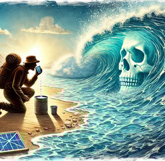 Survival scene with ocean waves and a solar still depicted in watercolor style.
