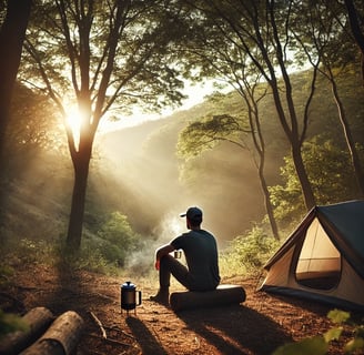 A person camping alone at dawn, sitting by a tent with a mug, enjoying nature in a serene forest setting for relaxation