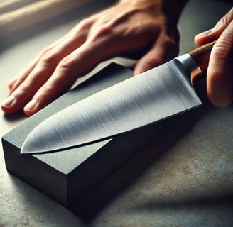 Knife blade being sharpened on a whetstone