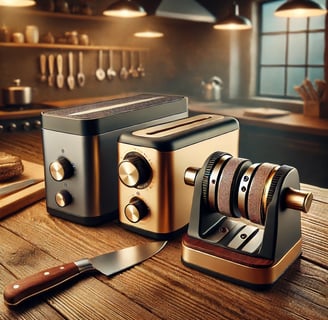 Three knife sharpeners on a wooden countertop
