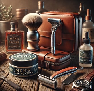 Three men's shaving kits displayed on a rustic wooden surface, showcasing razors and grooming accessories.