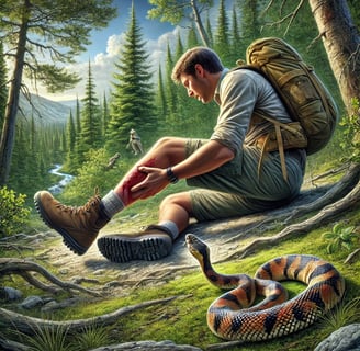 A hiker in a forest sitting on the ground with an immobilized leg after a snake bite, while a snake slithers away