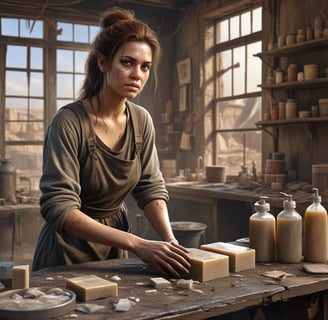 a woman making soap in an apocalyptic setting