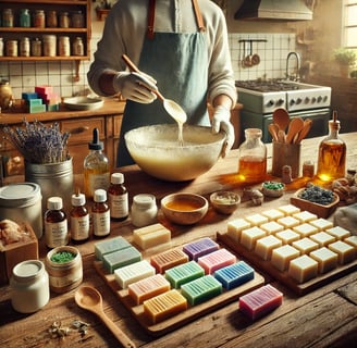 Homemade soap-making process with tools, molds, and colorful soaps on a wooden table.